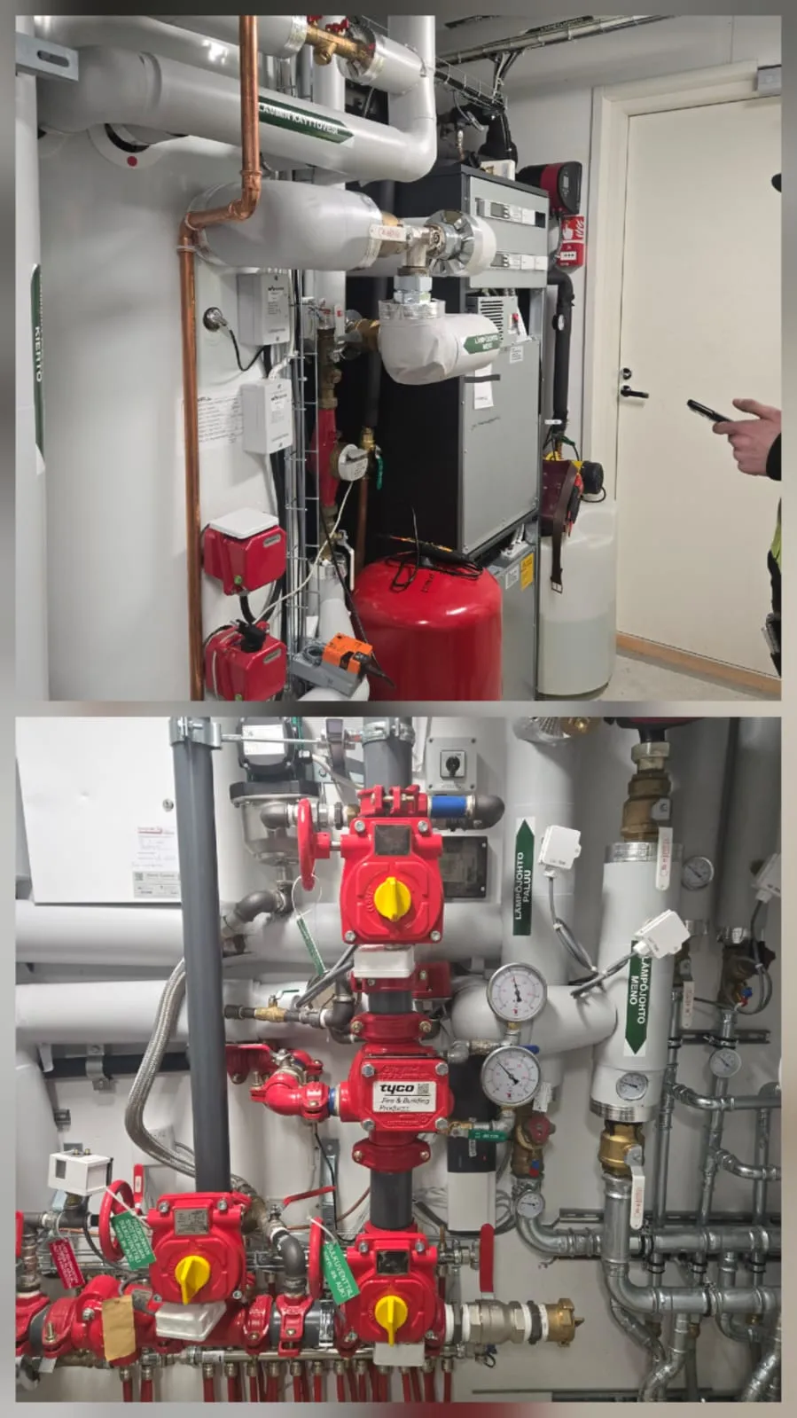 Kaksi kuvaa lämmitysjärjestelmästä, jossa on putkia, venttiileitä ja pumppuja, pääosin punaisia ja harmaita, hyvä valaistus.