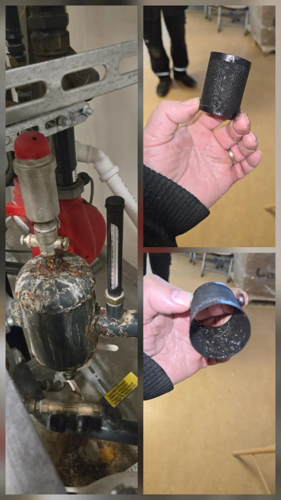 Kaksi kuvaa vierekkäin: vasemmalla ruosteinen lämmitysjärjestelmä, jossa punainen pumppu ja mittari; oikealla käsi pitelee likaista, sylinterinmuotoista suodatinta, jossa näkyy mustaa likaa.