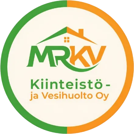 Pyöreä logo, jossa vihreä ja oranssi reunus, talo ja teksti "MRKV Kiinteistö- ja Vesihuolto Oy".